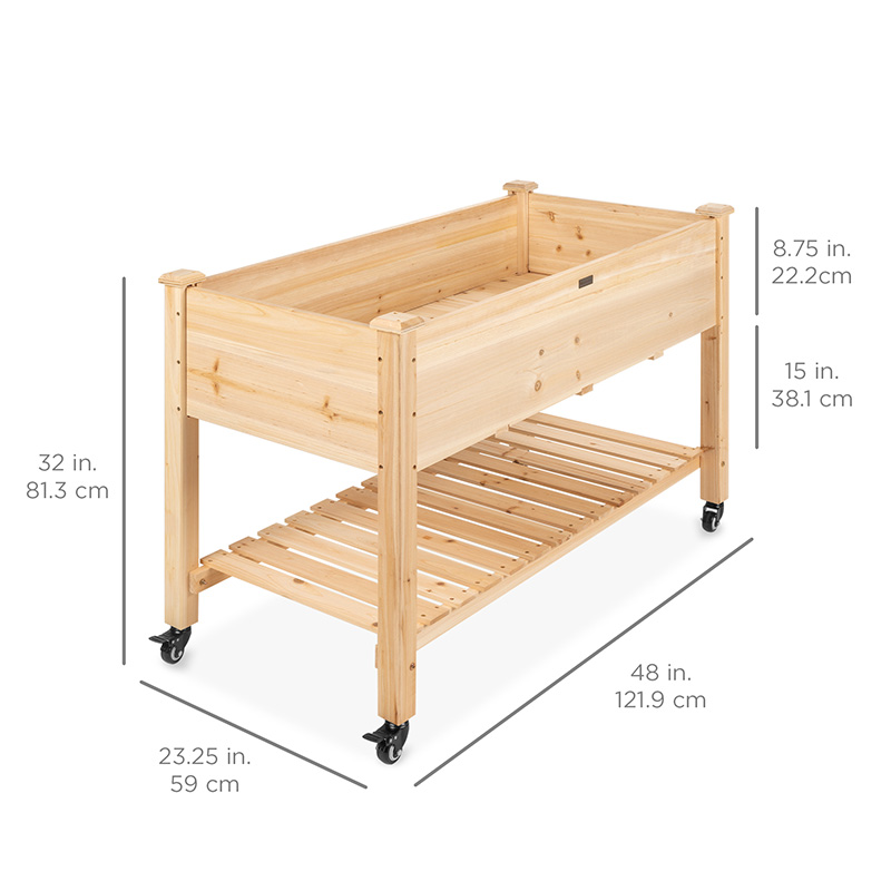 Lit de jardin surélevé 48 x 24 x 32 po Jardinière en bois surélevée mobile avec roues verrouillables, étagère de rangement, doublure