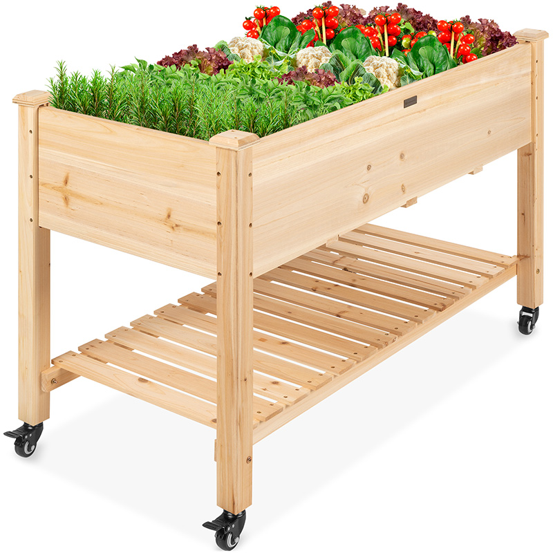 Lit de jardin surélevé 48 x 24 x 32 po Jardinière en bois surélevée mobile avec roues verrouillables, étagère de rangement, doublure