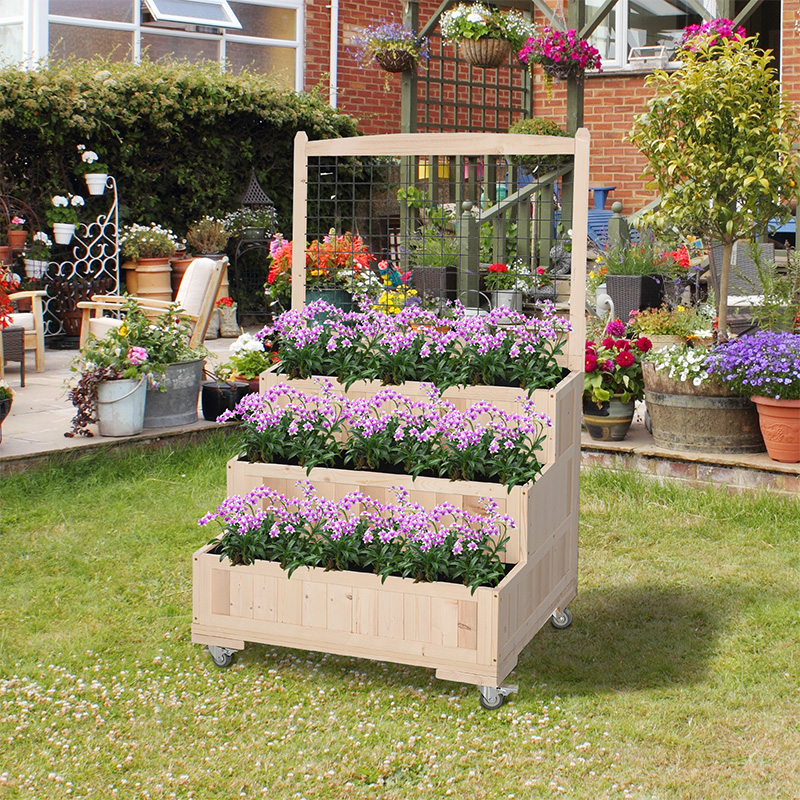 Lit de jardin surélevé en bois à 3 niveaux avec roues, treillis, espace de rangement arrière, facile à déplacer pour les fleurs, les herbes, naturel