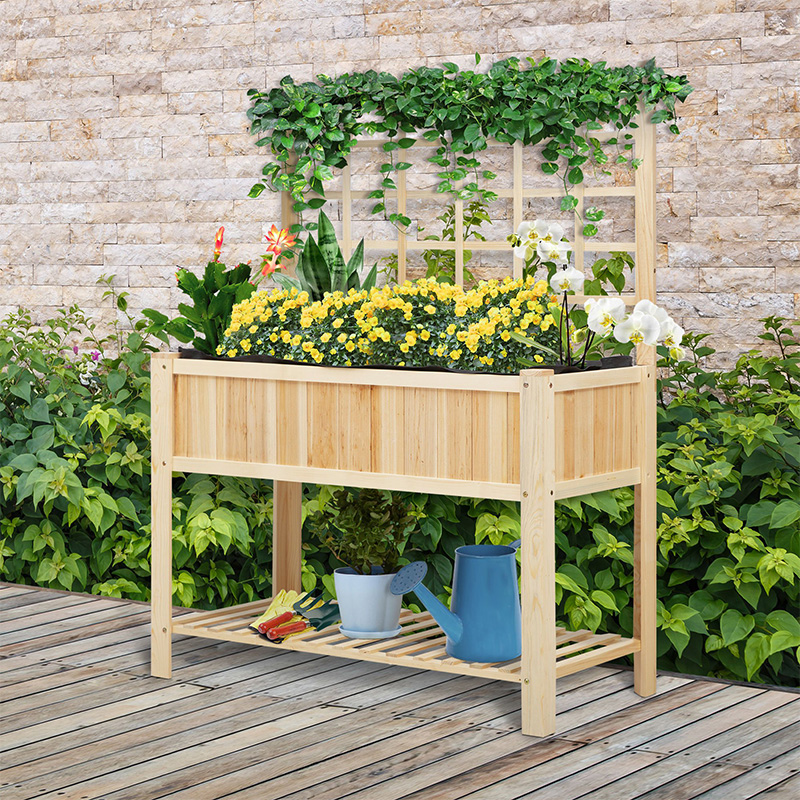 Lit de jardin surélevé en bois de 119,4 cm avec treillis, support de jardinière surélevé de style campagne avec étagère de rangement ouverte, zone de plantation spacieuse pour légumes, herbes, fleurs.