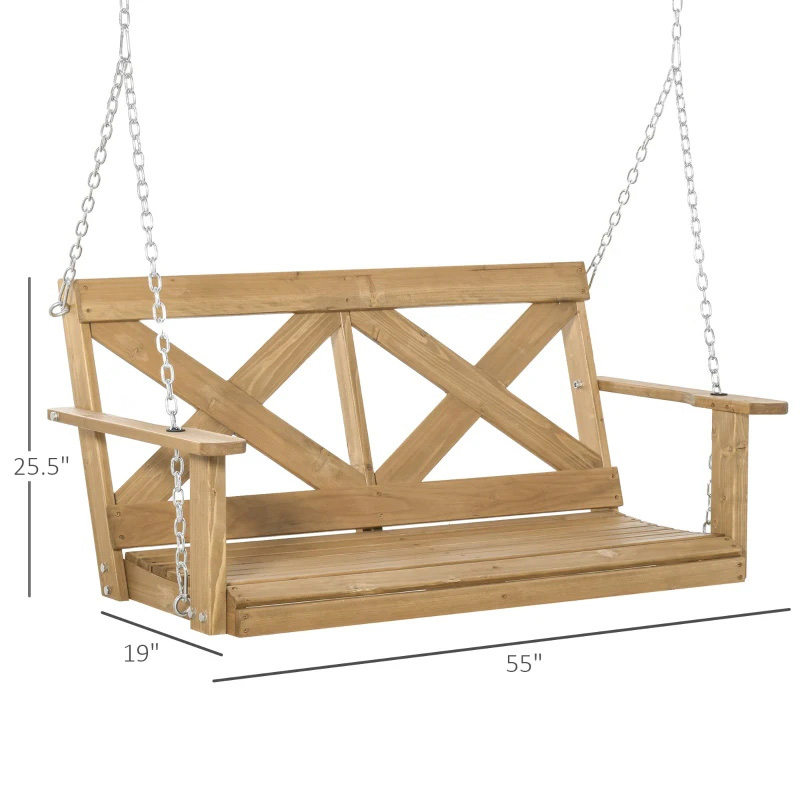 Balançoire de porche en bois pour 2 personnes avec chaînes en acier robustes et design rustique en forme de X pour l'extérieur - Naturel