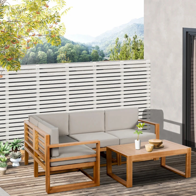 Ensemble de meubles de patio en forme de L 5 places, ensemble de conversation en bois avec table basse et coussins pour jardin, jardin, porche et bord de piscine, gris