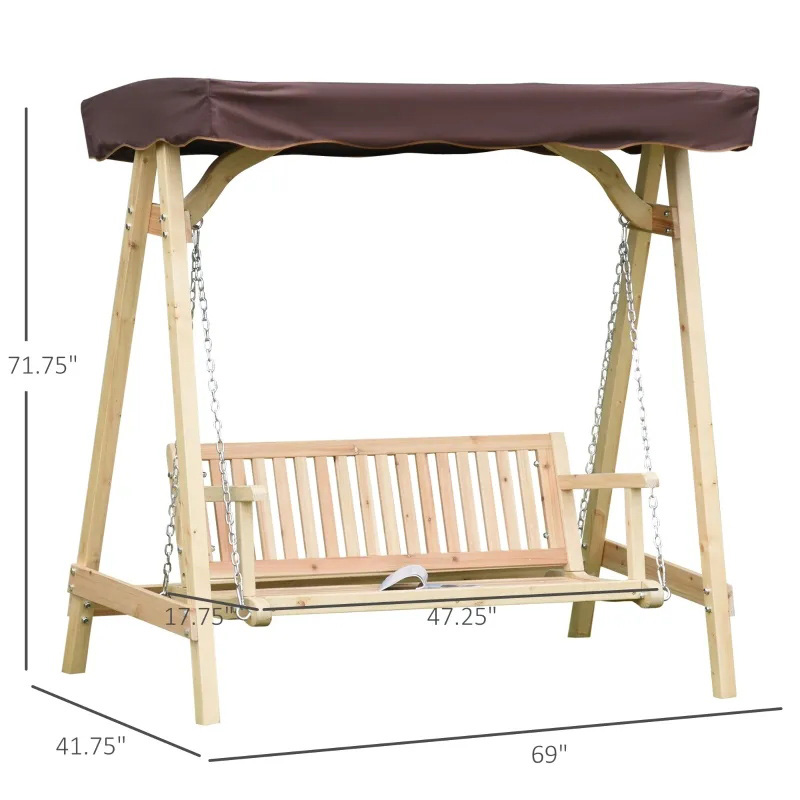 Balançoire extérieure pour 2 personnes avec support en bois, conception solide en A et auvent réglable pour lutter contre l'eau