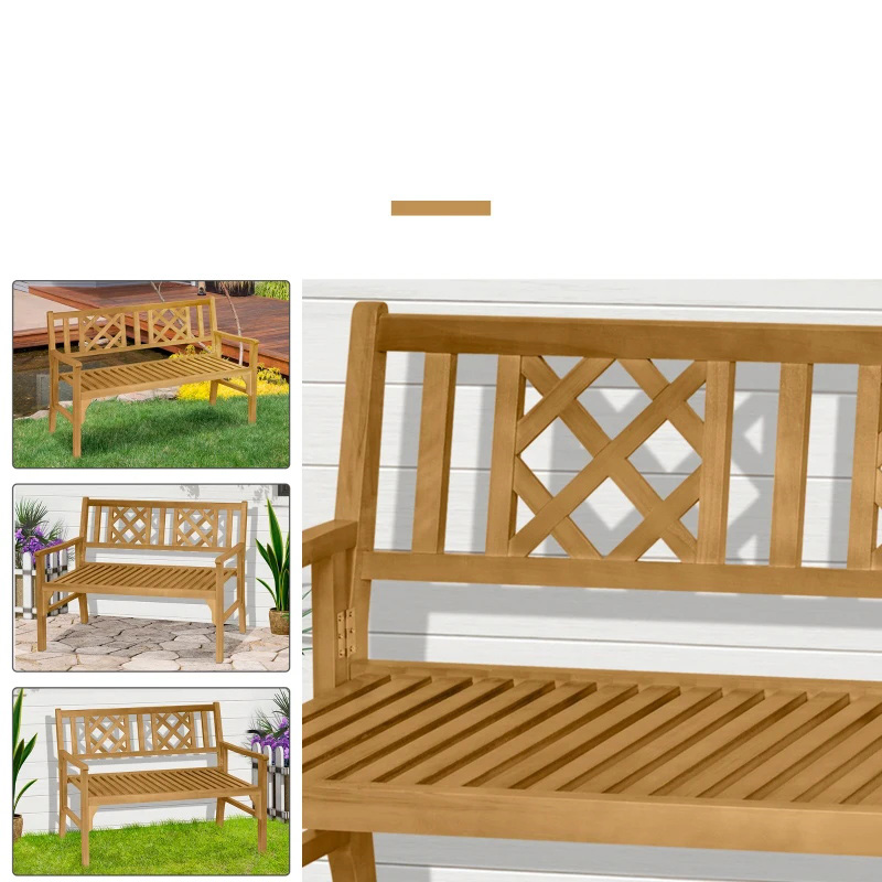 Banc de jardin pliable extérieur, banc en bois de patio 2 places, chaise causeuse avec dossier et accoudoir pour terrasse, porche ou balcon, jaune