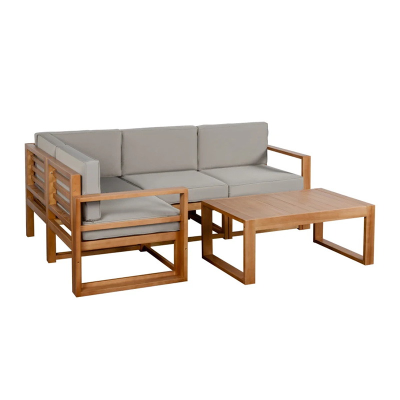 Ensemble de meubles de patio en forme de L 5 places, ensemble de conversation en bois avec table basse et coussins pour jardin, jardin, porche et bord de piscine, gris
