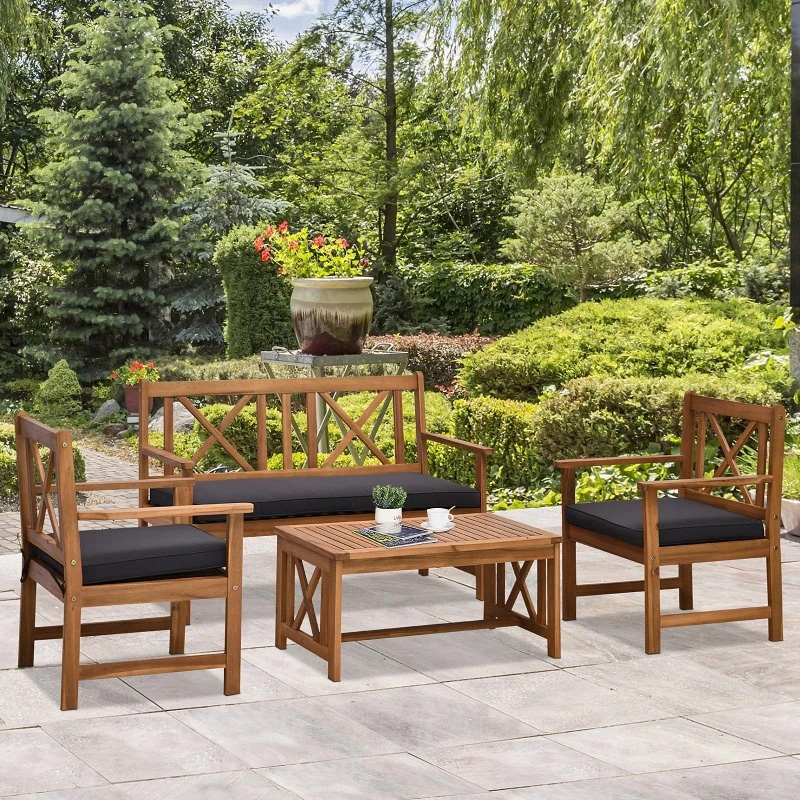 Ensemble de 4 meubles de terrasse en bois d'acacia avec 2 fauteuils, 1 canapé et 1 table basse, coussins inclus