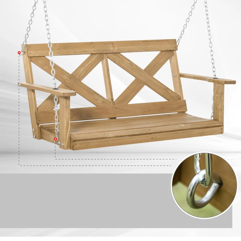 Balançoire de porche en bois pour 2 personnes avec chaînes en acier robustes et design rustique en forme de X pour l'extérieur - Naturel