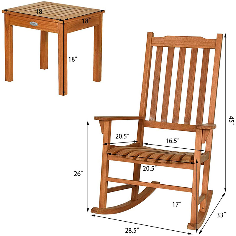 Ensemble de 3 chaises à bascule en bois de peuplier avec table basse et 2 chaises de conversation en bois