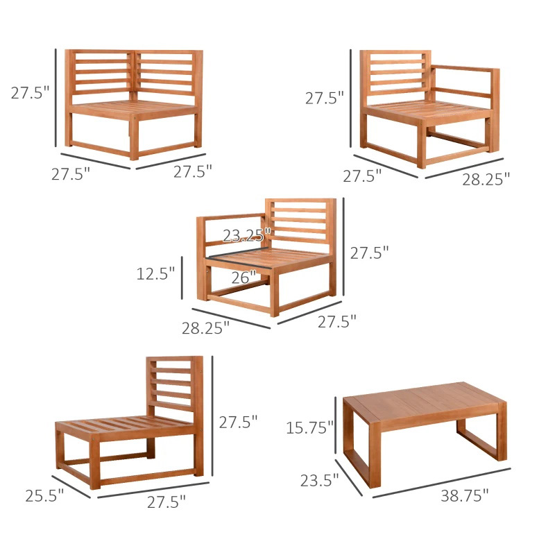 Ensemble de meubles de patio en forme de L 5 places, ensemble de conversation en bois avec table basse et coussins pour jardin, jardin, porche et bord de piscine, gris