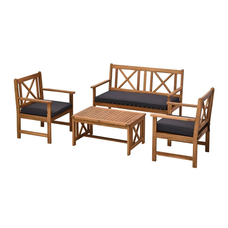 Ensemble de 4 meubles de terrasse en bois d'acacia avec 2 fauteuils, 1 canapé et 1 table basse, coussins inclus