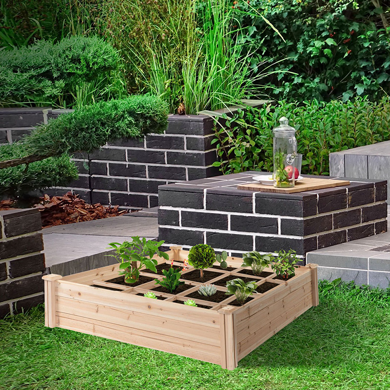 Boîte de lit de jardin surélevée de 3,9 pi x 3,9 pi avec grille de croissance segmentée, matériau en bois pour plantes et herbes de jardin