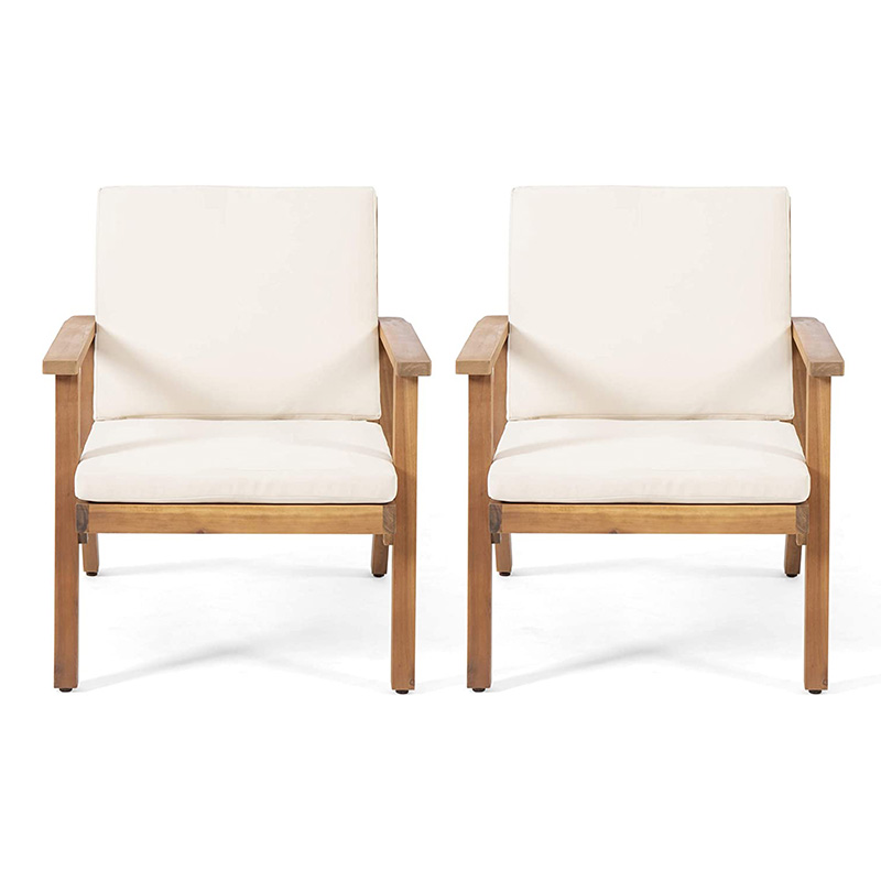 Fauteuils club d'extérieur en bois massif avec coussins (lot de 2), finition patine brune, crème