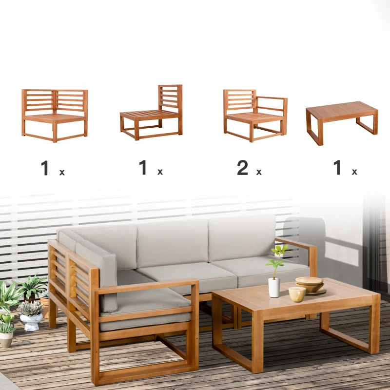 Ensemble de meubles de patio en forme de L 5 places, ensemble de conversation en bois avec table basse et coussins pour jardin, jardin, porche et bord de piscine, gris