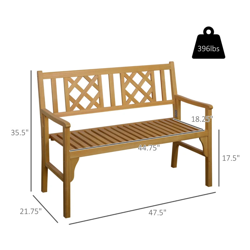 Banc de jardin pliable extérieur, banc en bois de patio 2 places, chaise causeuse avec dossier et accoudoir pour terrasse, porche ou balcon, jaune