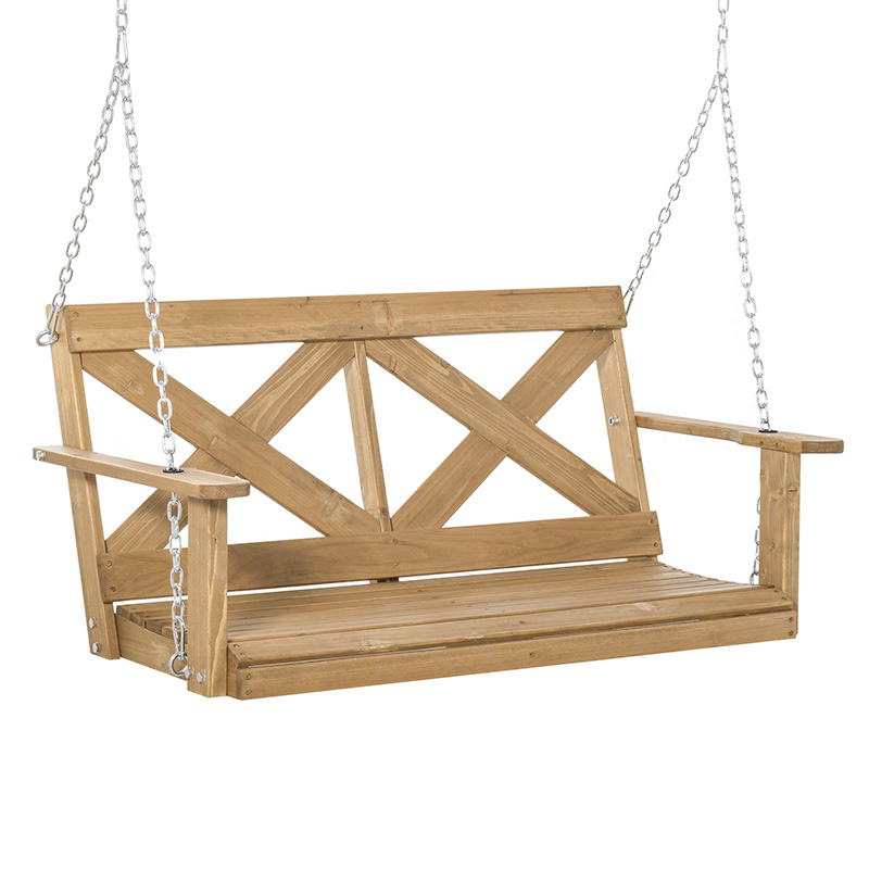 Balançoire de porche en bois pour 2 personnes avec chaînes en acier robustes et design rustique en forme de X pour l'extérieur - Naturel