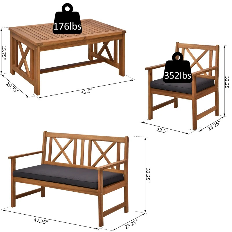 Ensemble de 4 meubles de terrasse en bois d'acacia avec 2 fauteuils, 1 canapé et 1 table basse, coussins inclus