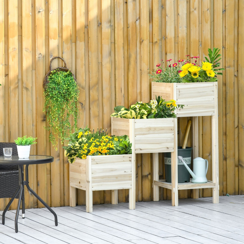 Lit de jardin surélevé à 3 niveaux avec étagère de rangement, kit de jardinière en bois surélevée