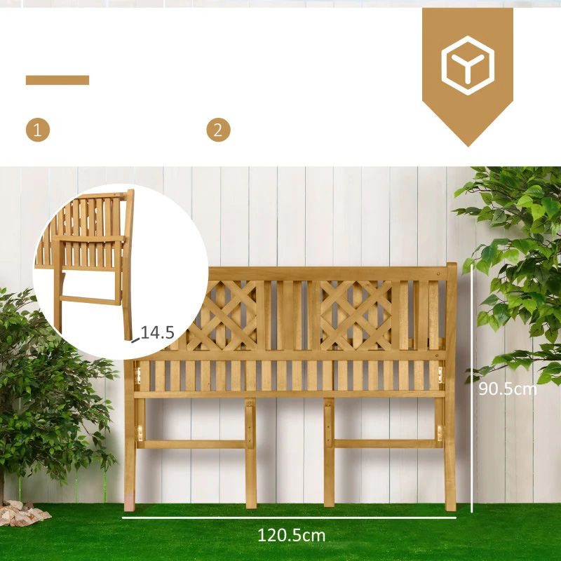 Banc de jardin pliable extérieur, banc en bois de patio 2 places, chaise causeuse avec dossier et accoudoir pour terrasse, porche ou balcon, jaune