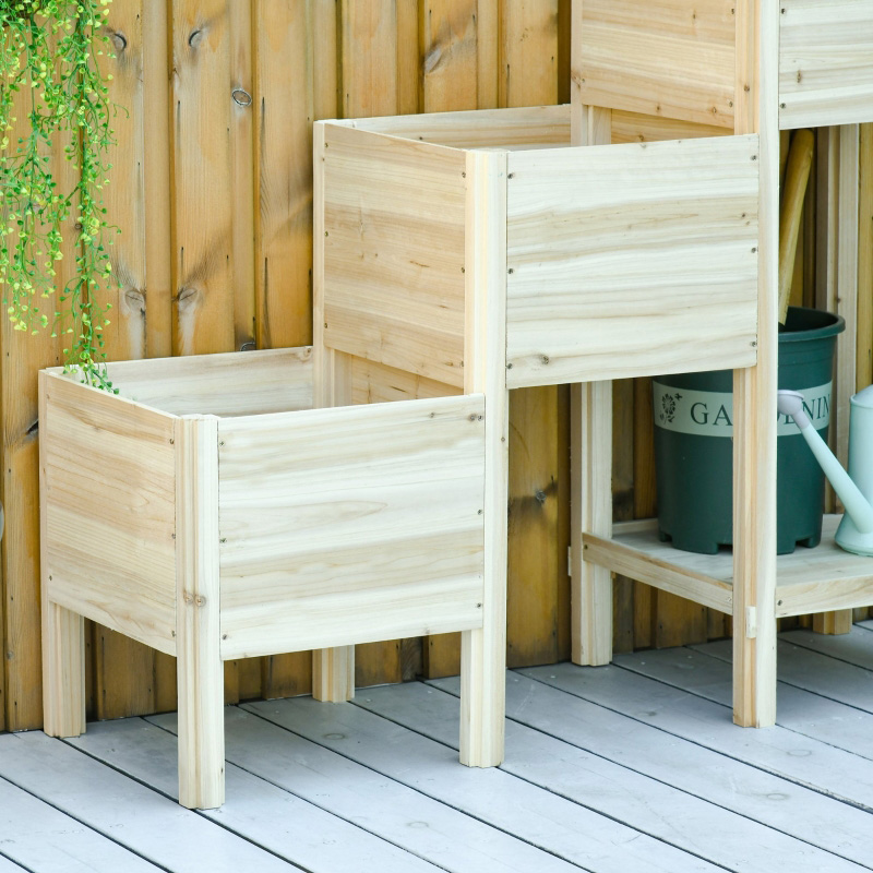 Lit de jardin surélevé à 3 niveaux avec étagère de rangement, kit de jardinière en bois surélevée