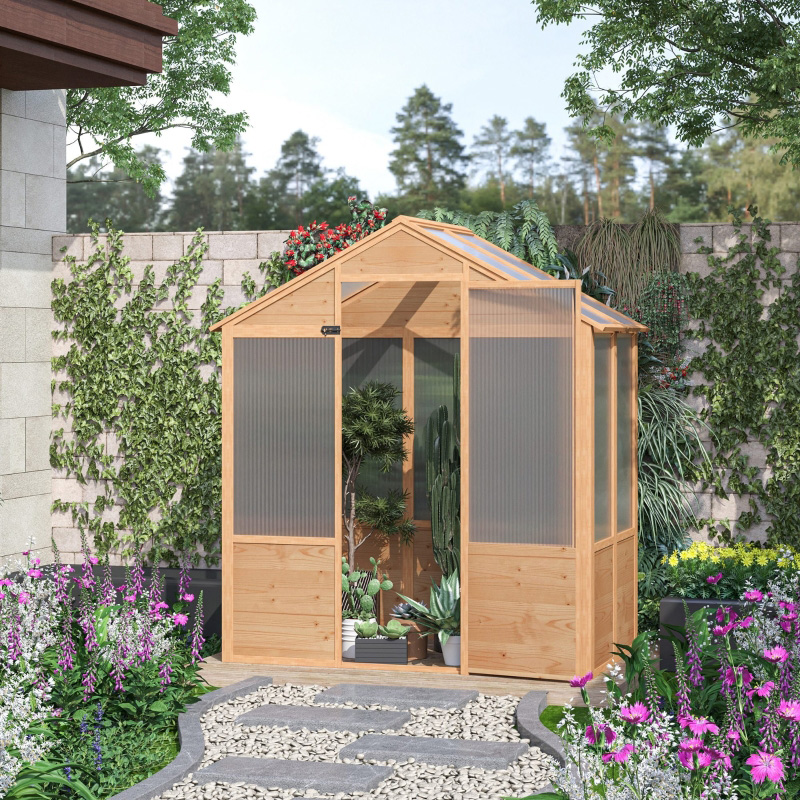 Serre en bois de 6 pi x 4 pi x 7 pi, serre sans rendez-vous, serre extérieure en polycarbonate avec porte, naturel