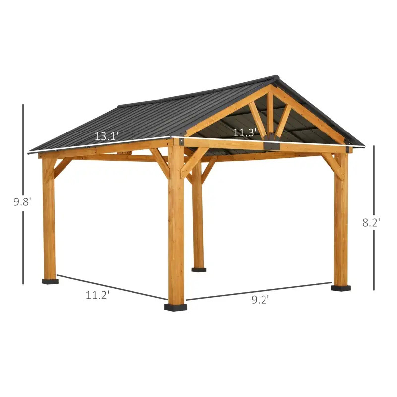 Gazebo à toit rigide 11x13 avec cadre en bois, auvent de tonnelle de toit permanent en métal avec crochet de plafond pour jardin, terrasse, arrière-cour