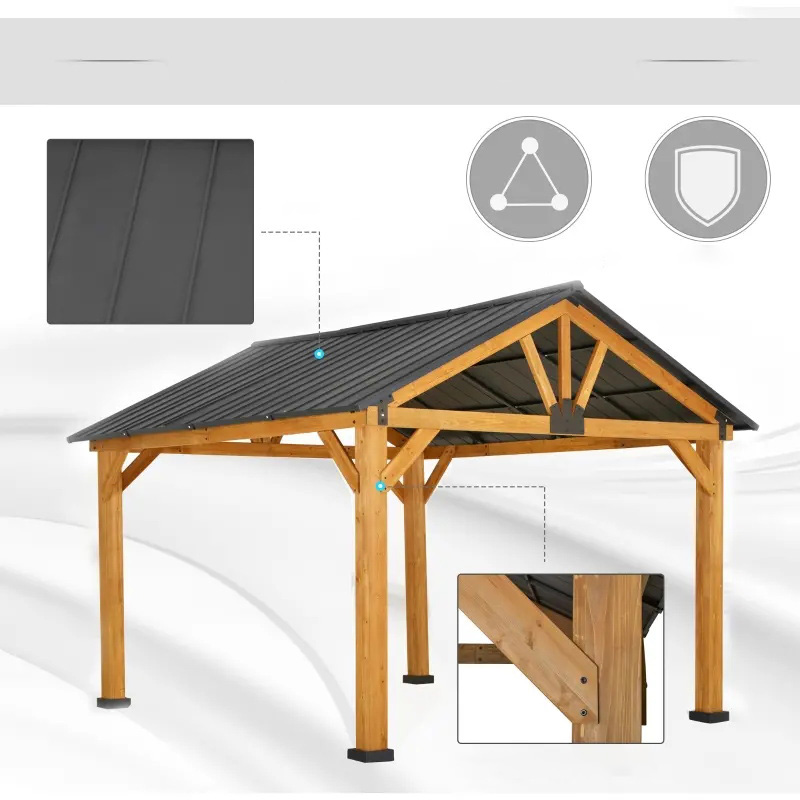 Gazebo à toit rigide 11x13 avec cadre en bois, auvent de tonnelle de toit permanent en métal avec crochet de plafond pour jardin, terrasse, arrière-cour