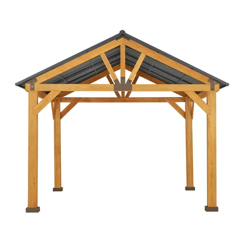 Gazebo à toit rigide 11x13 avec cadre en bois, auvent de tonnelle de toit permanent en métal avec crochet de plafond pour jardin, terrasse, arrière-cour