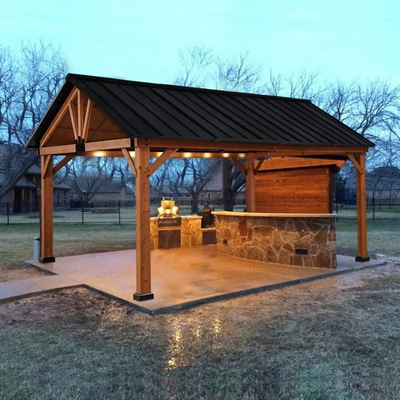 Gazebo à toit rigide 11x13 avec cadre en bois, auvent de tonnelle de toit permanent en métal avec crochet de plafond pour jardin, terrasse, arrière-cour