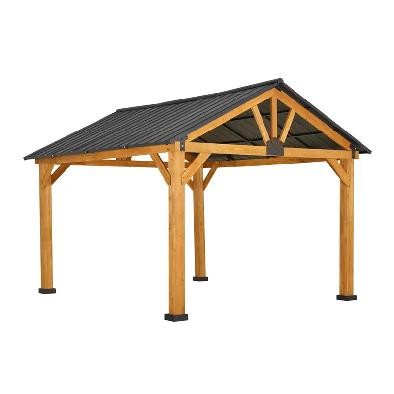 Gazebo à toit rigide 11x13 avec cadre en bois, auvent de tonnelle de toit permanent en métal avec crochet de plafond pour jardin, terrasse, arrière-cour