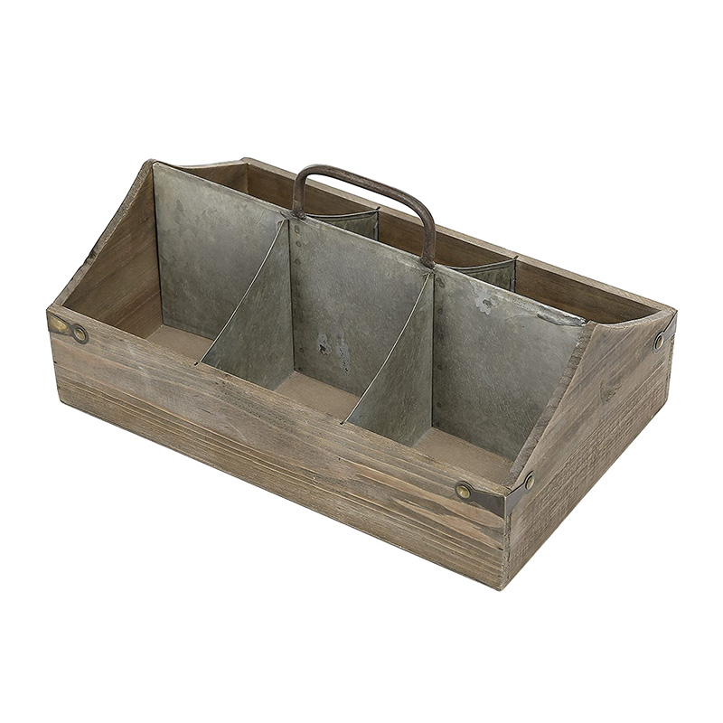 Caddy organisateur de rangement en bois vintage avec 6 compartiments, caisse décorative avec séparateurs en zinc galvanisé et poignée