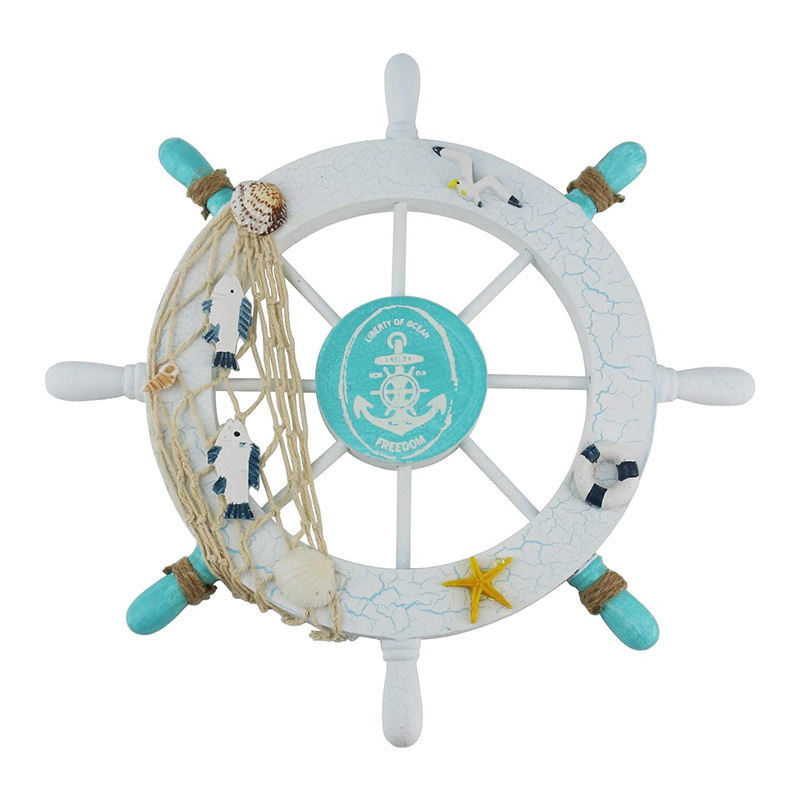 Volant de bateau en bois nautique/fabriqué à la main en bois roue de bateau décor de pirate plaque d'ornement à suspendre au mur et à la porte (poisson blanc)