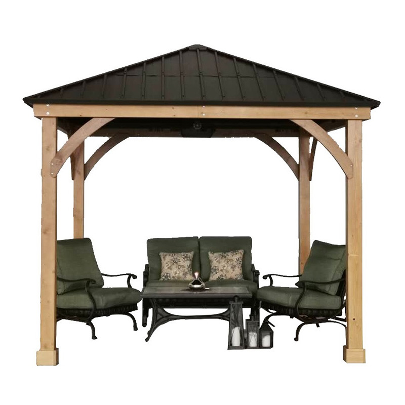 Gazebo à toit rigide 11x13 avec cadre en bois, auvent de tonnelle de toit permanent en métal avec crochet de plafond pour jardin, terrasse, arrière-cour