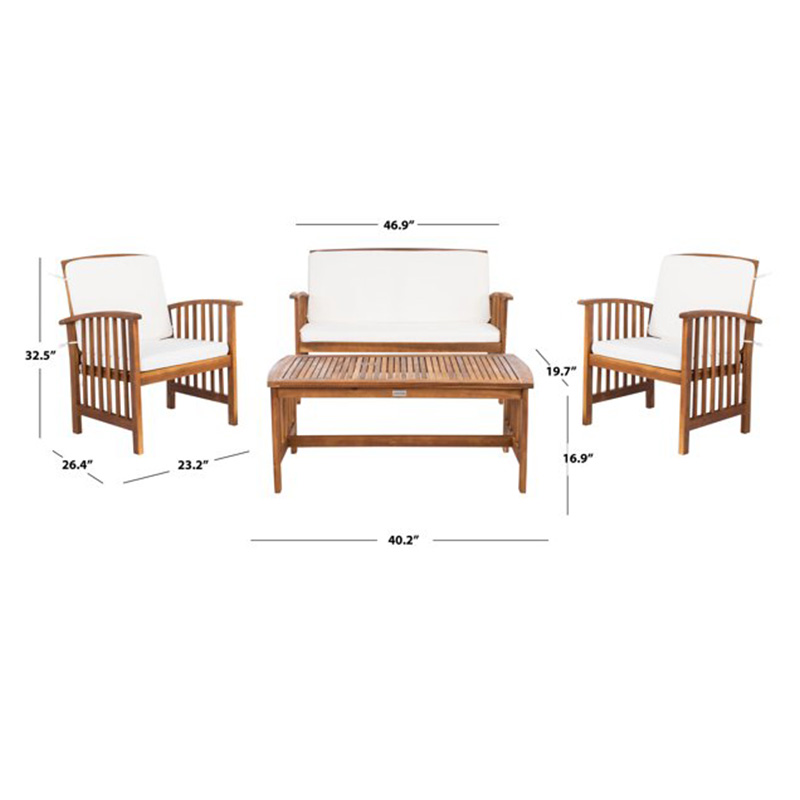 Ensemble de 4 meubles de terrasse en bois d'acacia avec 2 fauteuils, 1 canapé et 1 table basse, coussins inclus